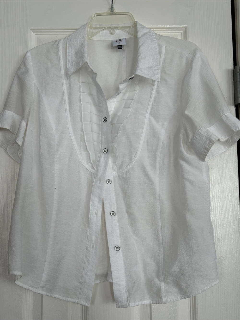 Cabi White Short-Sleeve Button-Up Shirt with Textured Front